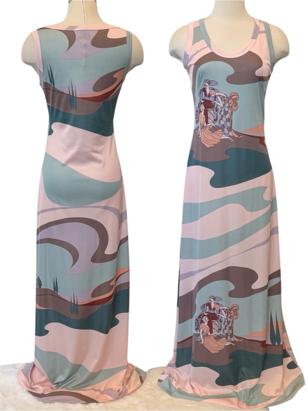 Amazing Vintage Art Nouveau Print Pink 60s 70s Maxi Column Gown Sleeveless Dress - Picture 2 of 10